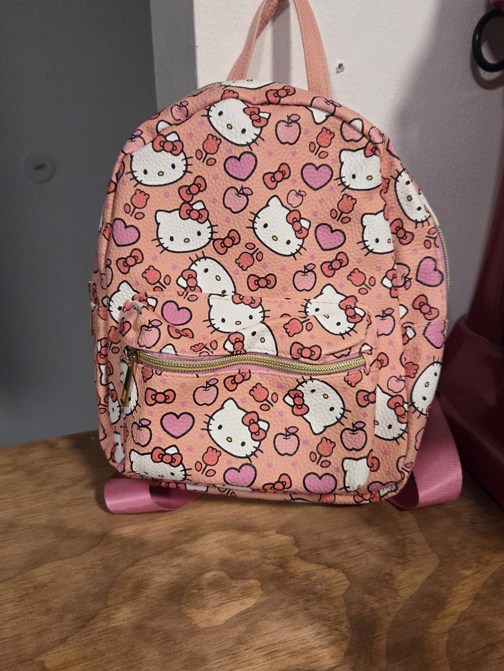 Hello Kitty Peach-Pink Kids Backpack with Heart & Bow Print